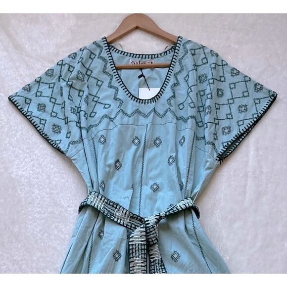 NWT Zara Blue Green Embroidered Belted Tunic Midi Dress, Size Small - Picture 10 of 14